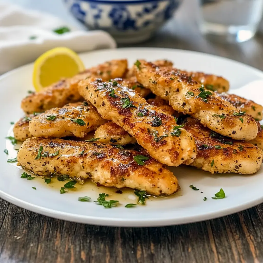 Greek-marinated chicken tenderloins grilled to golden perfection and served with lemon wedges and fresh herbs.