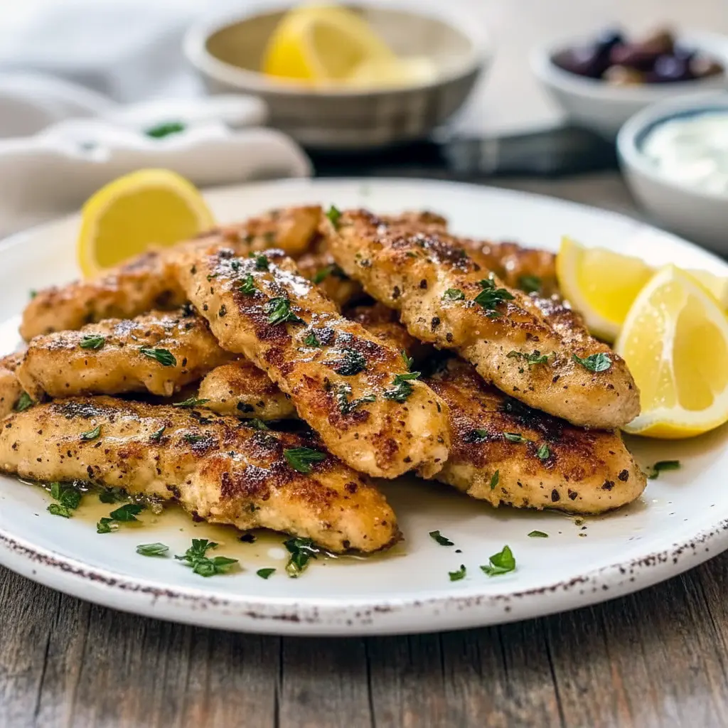Greek-marinated chicken tenderloins grilled to golden perfection and served with lemon wedges and fresh herbs.