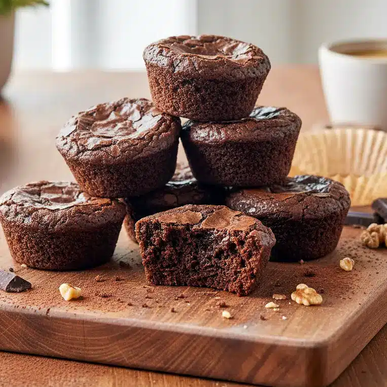 Close-up photo of High Protein Brownie Bites in a mini muffin pan, rich and chocolatey with a soft, fudgy center, showing a healthy bite-sized treat perfect for snacking.