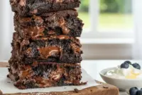 Rich, fudgy Greek yogurt brownies cut into squares on parchment paper—lightened-up Super Healthy Brownies made with Greek yogurt, minimal sugar, and chocolate chips, showing a dense, moist texture.