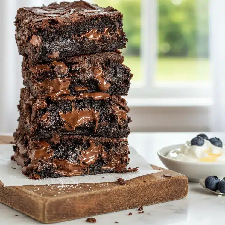 Rich, fudgy Greek yogurt brownies cut into squares on parchment paper—lightened-up Super Healthy Brownies made with Greek yogurt, minimal sugar, and chocolate chips, showing a dense, moist texture.