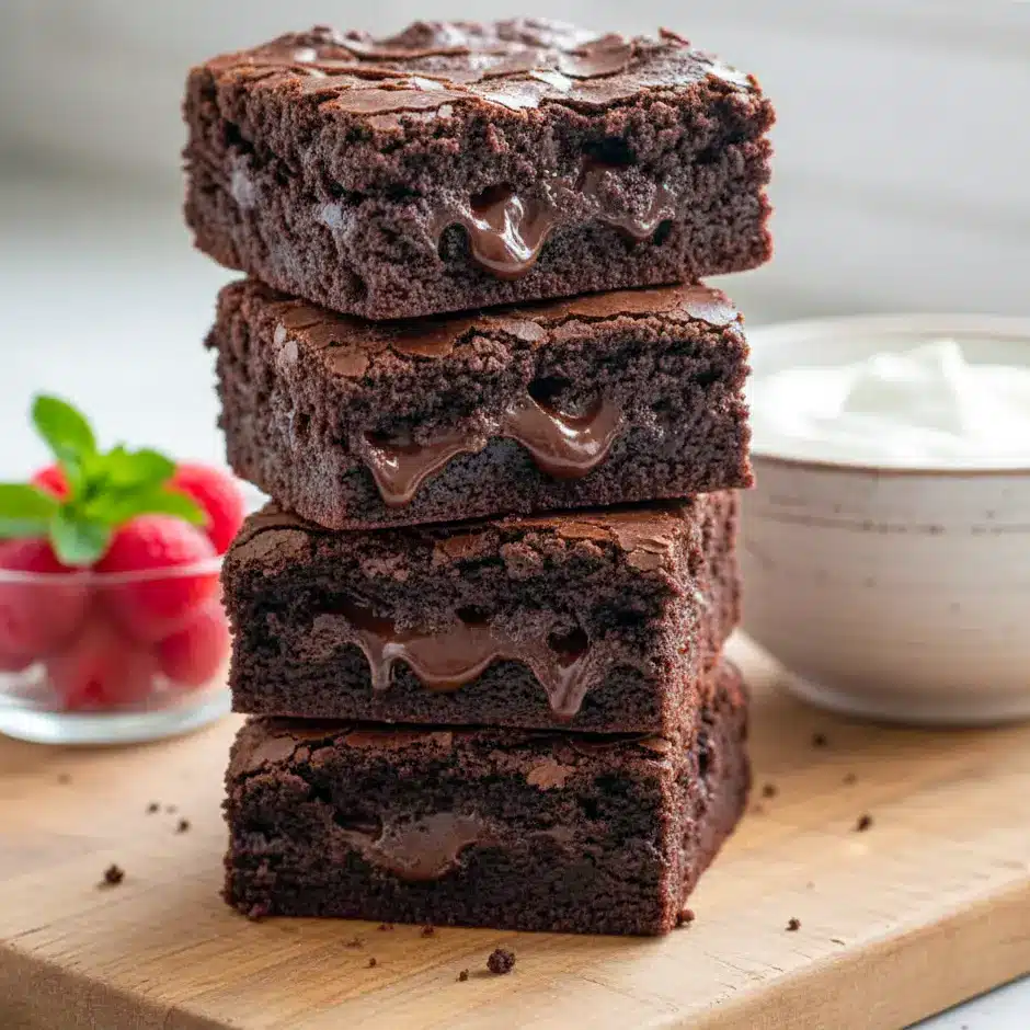 Rich, fudgy Greek yogurt brownies cut into squares on parchment paper—lightened-up Super Healthy Brownies made with Greek yogurt, minimal sugar, and chocolate chips, showing a dense, moist texture.