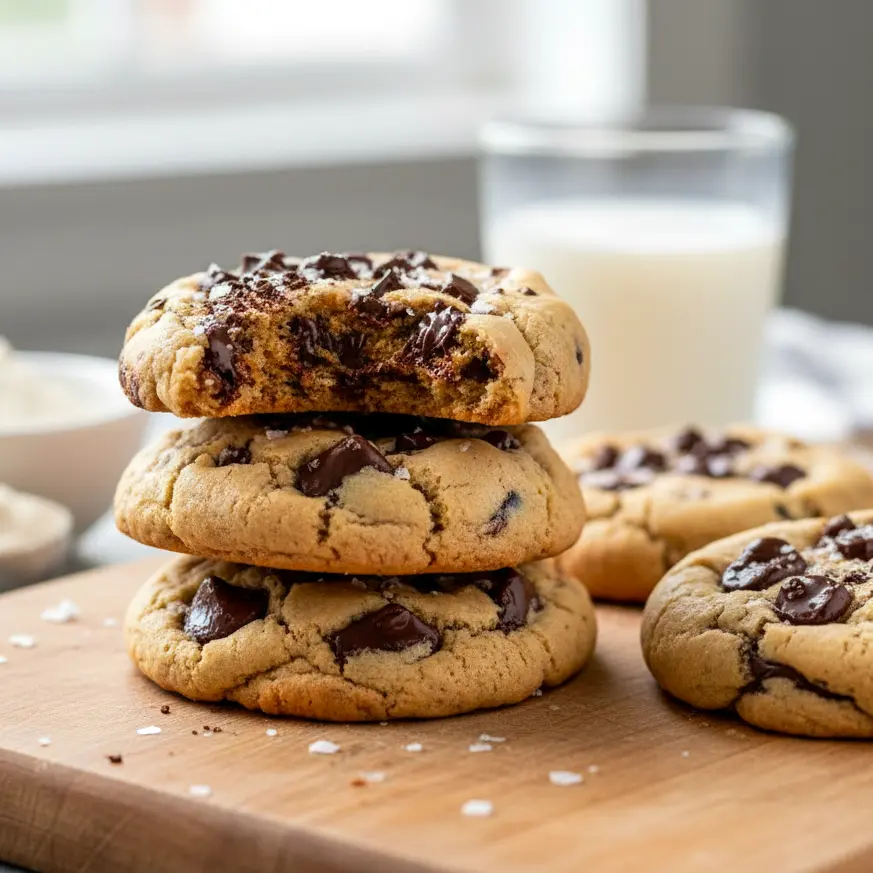 Plate of thick, chewy chocolate chip protein cookies with a wholesome, bakery-style finish, perfect for a nutritious snack or post-workout treat.