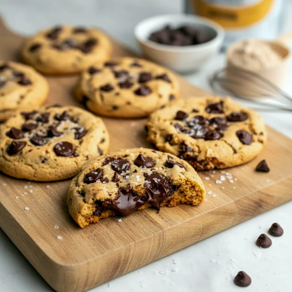 Plate of thick, chewy chocolate chip protein cookies with a wholesome, bakery-style finish, perfect for a nutritious snack or post-workout treat.