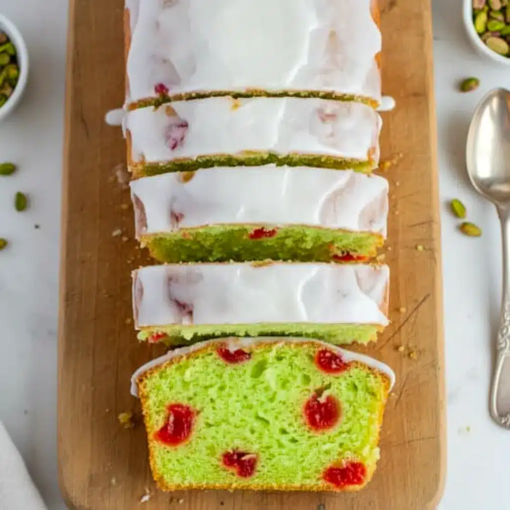 Moist pistachio loaf studded with maraschino cherries, drizzled in glossy almond glaze and styled for a warm holiday dessert table.