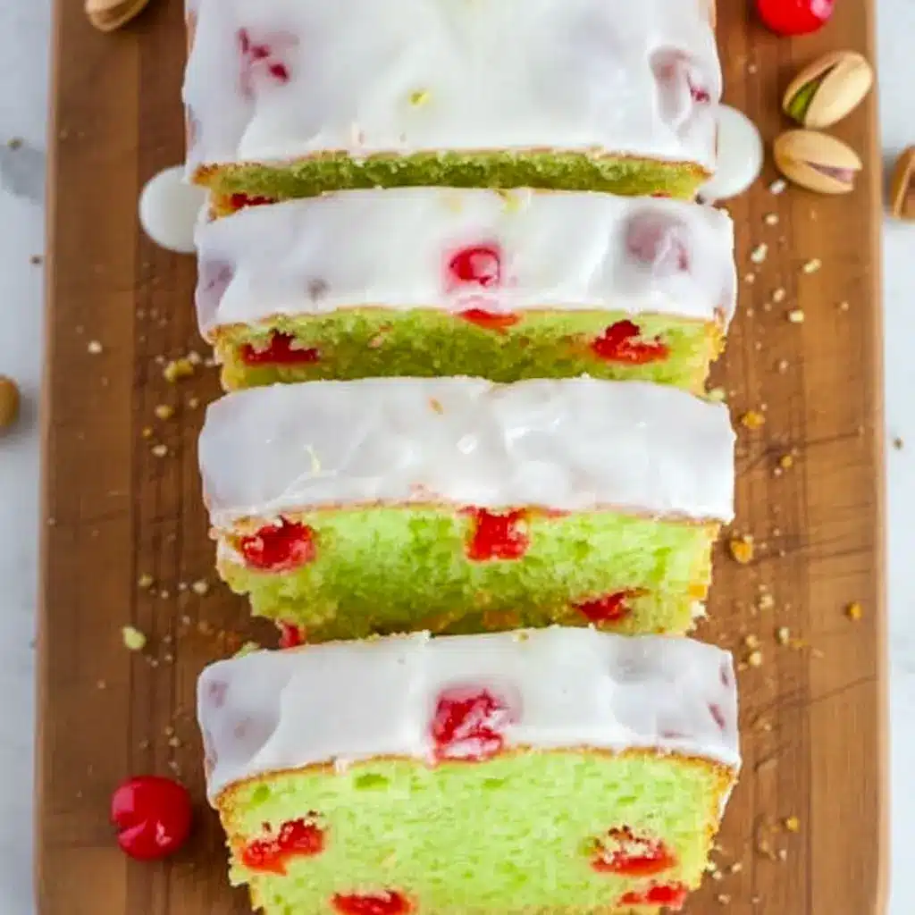 Moist pistachio loaf studded with maraschino cherries, drizzled in glossy almond glaze and styled for a warm holiday dessert table.