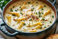 Bowl of creamy lasagna noodle soup filled with sausage, ricotta, noodles, and spinach, topped with fresh Parmesan and served with crusty bread.