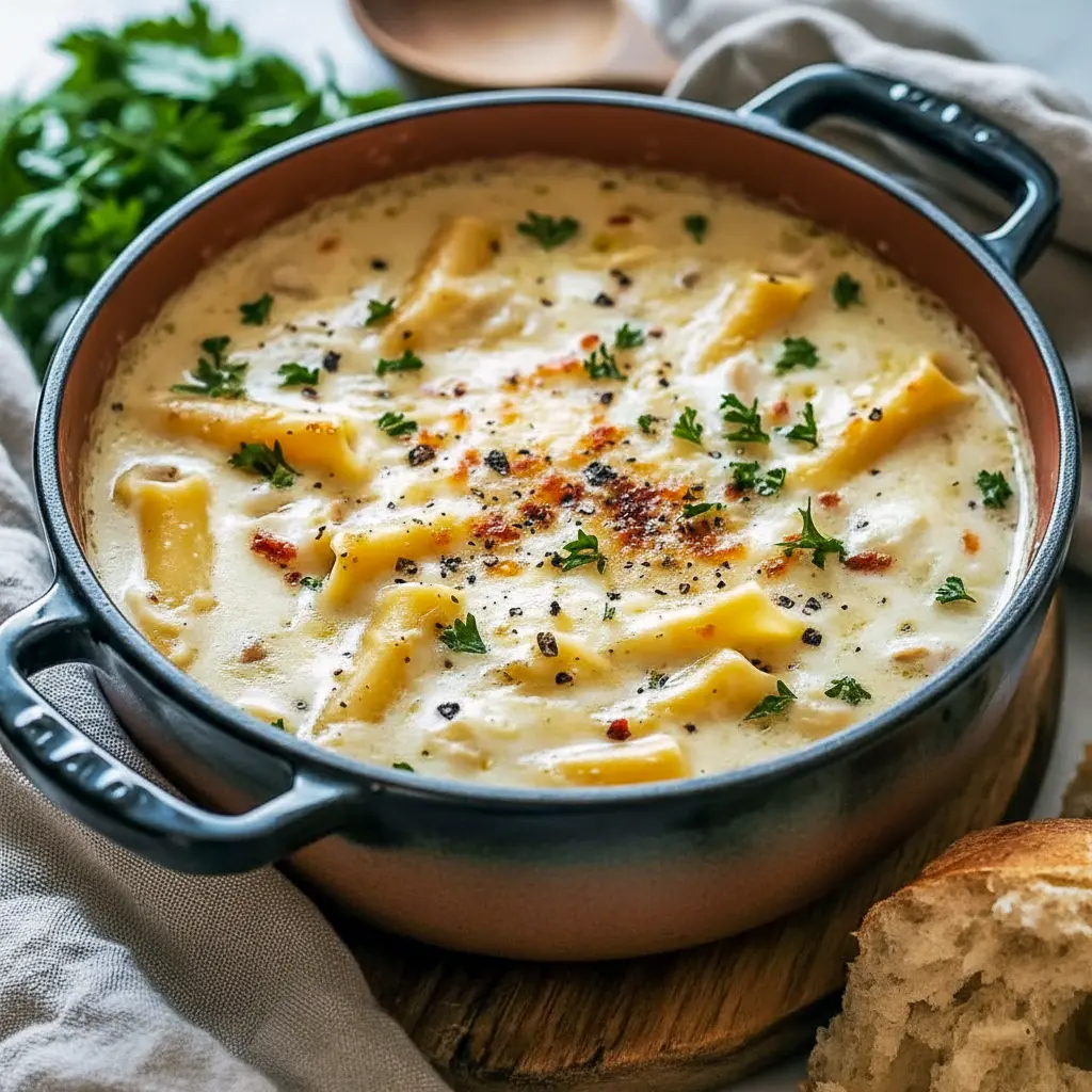 Bowl of creamy lasagna noodle soup filled with sausage, ricotta, noodles, and spinach, topped with fresh Parmesan and served with crusty bread.