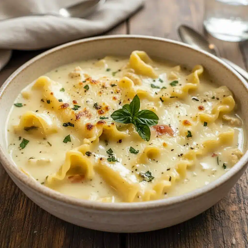 Bowl of creamy lasagna noodle soup filled with sausage, ricotta, noodles, and spinach, topped with fresh Parmesan and served with crusty bread.