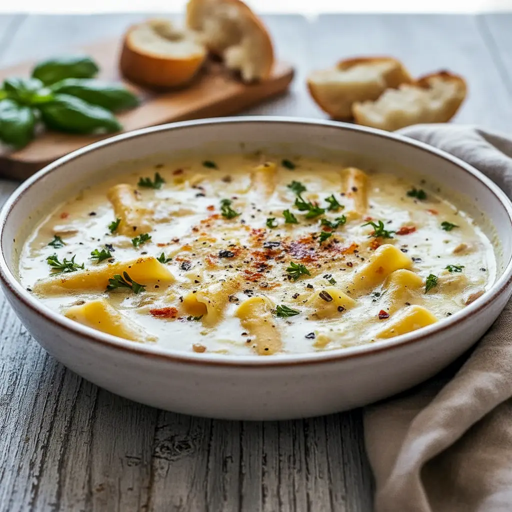 Bowl of creamy lasagna noodle soup filled with sausage, ricotta, noodles, and spinach, topped with fresh Parmesan and served with crusty bread.