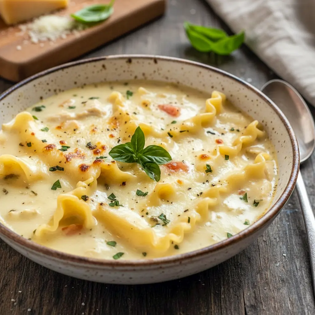 Bowl of creamy lasagna noodle soup filled with sausage, ricotta, noodles, and spinach, topped with fresh Parmesan and served with crusty bread.