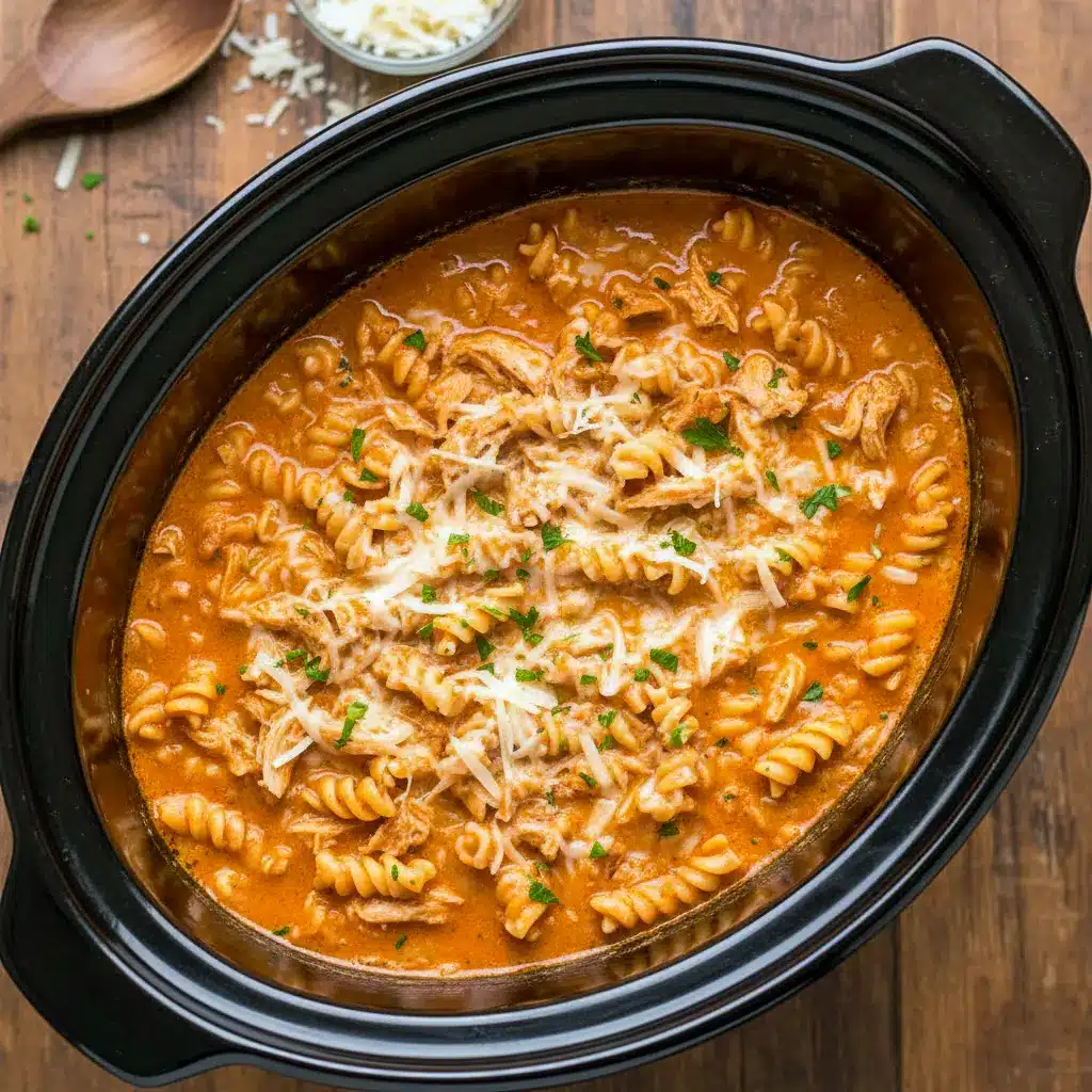 Steaming bowl of creamy parmesan chicken soup topped with melted cheese, herbs, and golden breadcrumbs, styled on a rustic winter table with cozy lighting.