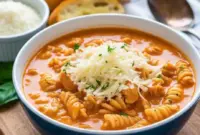 Steaming bowl of creamy parmesan chicken soup topped with melted cheese, herbs, and golden breadcrumbs, styled on a rustic winter table with cozy lighting.