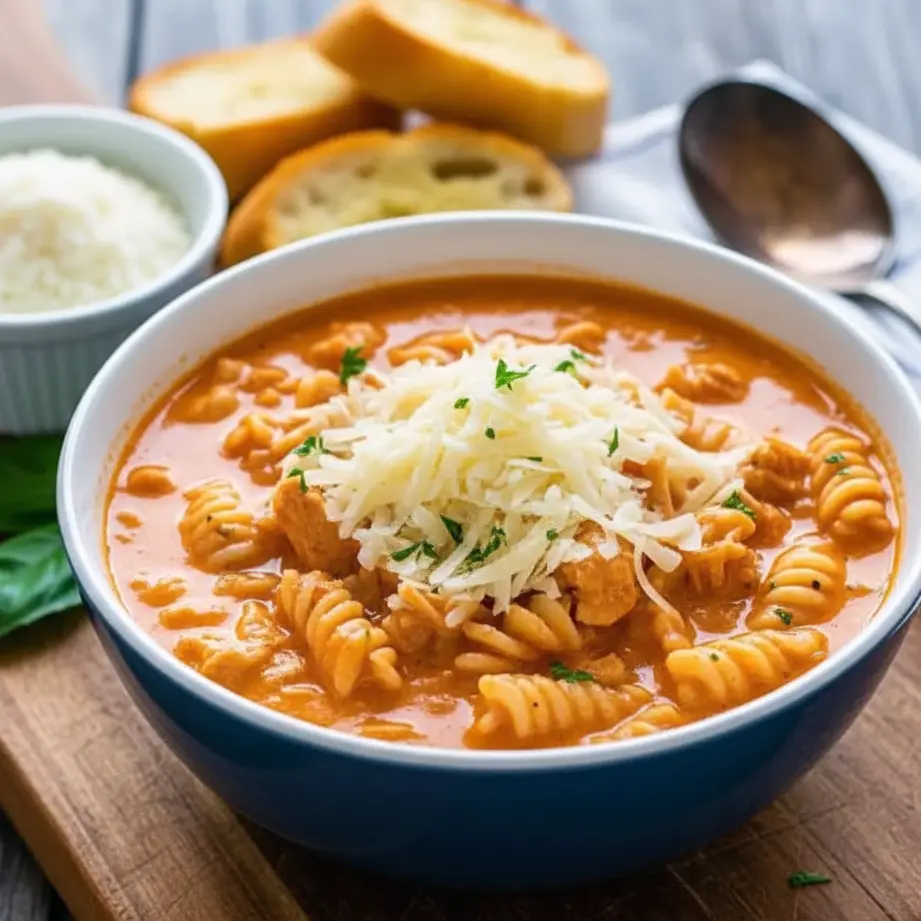 Steaming bowl of creamy parmesan chicken soup topped with melted cheese, herbs, and golden breadcrumbs, styled on a rustic winter table with cozy lighting.