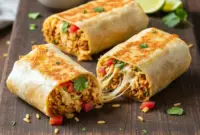 Golden toasted burritos filled with seasoned ground chicken, fluffy rice, and melted cheese, sliced open to show a warm, hearty filling perfect for busy weeknight dinners.