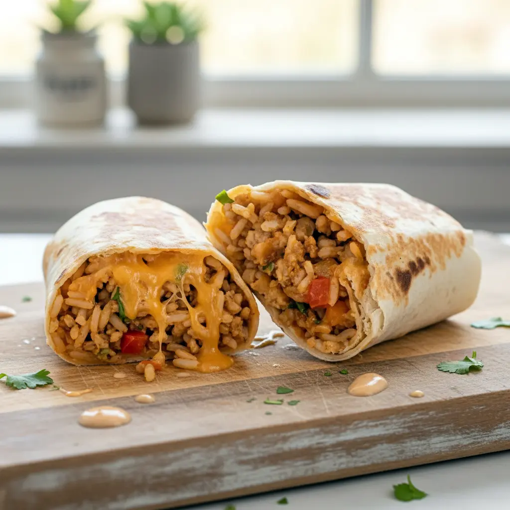 Golden toasted burritos filled with seasoned ground chicken, fluffy rice, and melted cheese, sliced open to show a warm, hearty filling perfect for busy weeknight dinners.