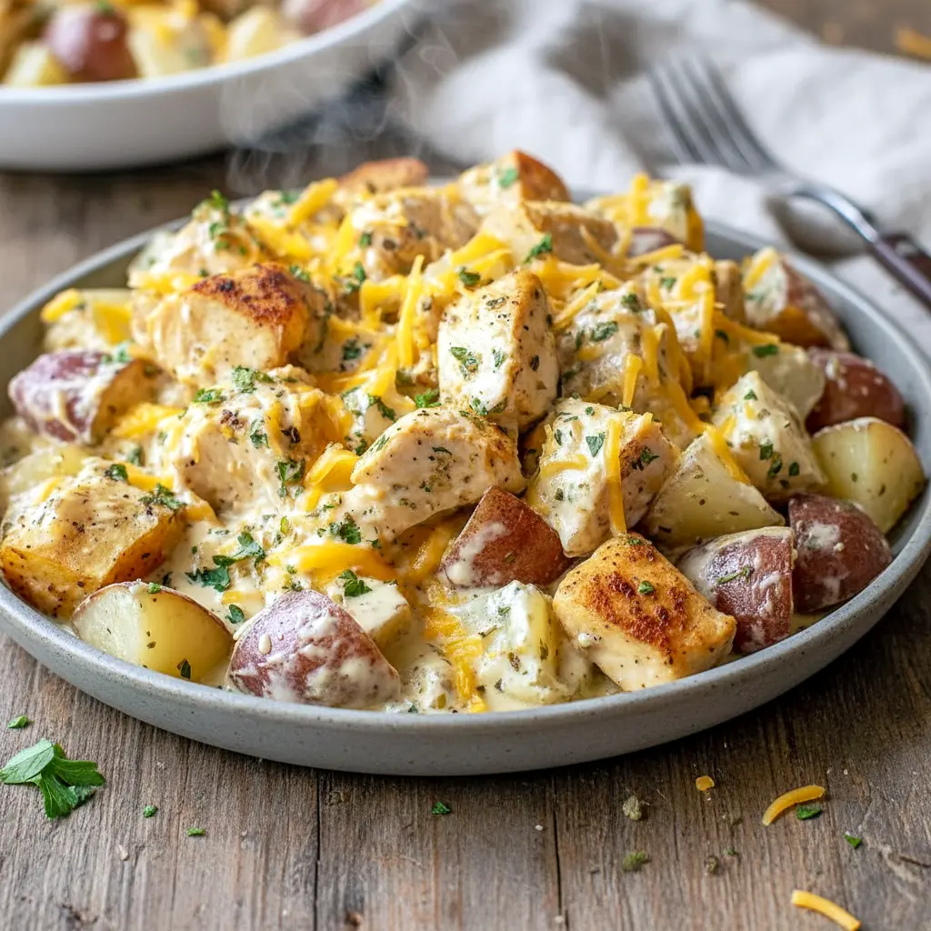 Cheesy garlic skillet showcasing Garlic Chicken With Potatoes prepared as Meal Prep Recipes With Potatoes, perfect for Weekly Dinners For Family and satisfying Cheap Easy Delicious Meals that support Easy High Protein Recipes Dinner and Protein Recipes Healthy Dinner goals with tender chicken and golden potatoes.