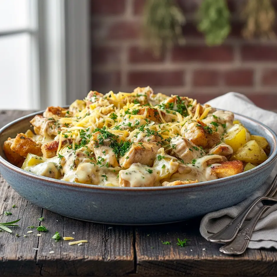 Cheesy garlic skillet showcasing Garlic Chicken With Potatoes prepared as Meal Prep Recipes With Potatoes, perfect for Weekly Dinners For Family and satisfying Cheap Easy Delicious Meals that support Easy High Protein Recipes Dinner and Protein Recipes Healthy Dinner goals with tender chicken and golden potatoes.