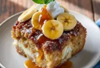 Golden, bubbling banana cobbler fresh from the oven, showcasing a classic Southern-style sweet treat perfect for weekend comfort and family-style dessert moments.
