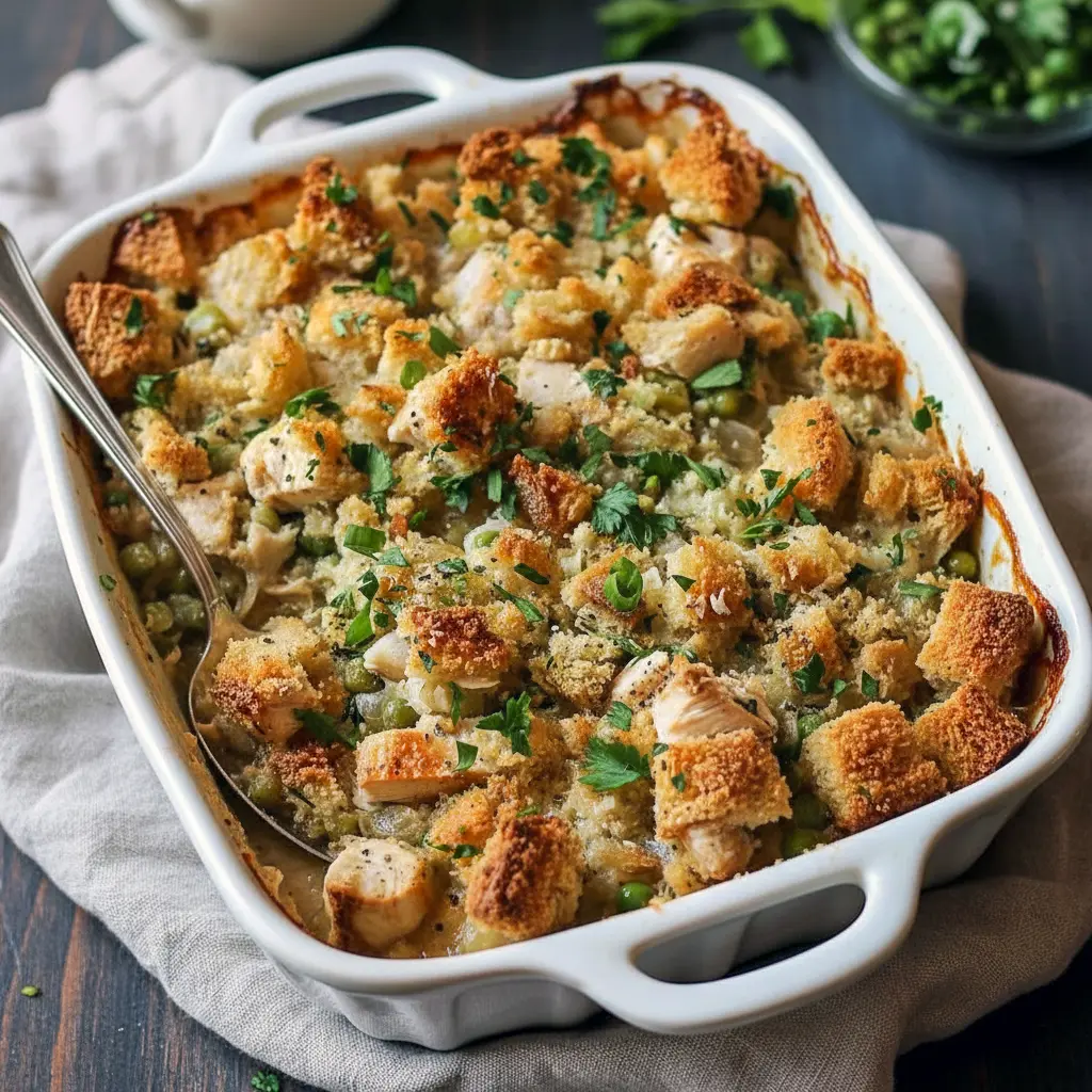 Bubbly, cheesy bake of shredded rotisserie chicken and seasoned stuffing with a crisp top — a top Rotisserie Chicken Recipes pick inspired by savory Stuffing Recipes and perfect for Easy Casserole Recipes.