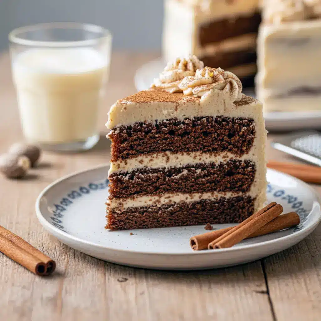 A tall, festive Christmas spice cake topped with creamy eggnog buttercream, decorated with warm spices and holiday accents.