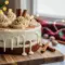A tall, festive Christmas spice cake topped with creamy eggnog buttercream, decorated with warm spices and holiday accents.