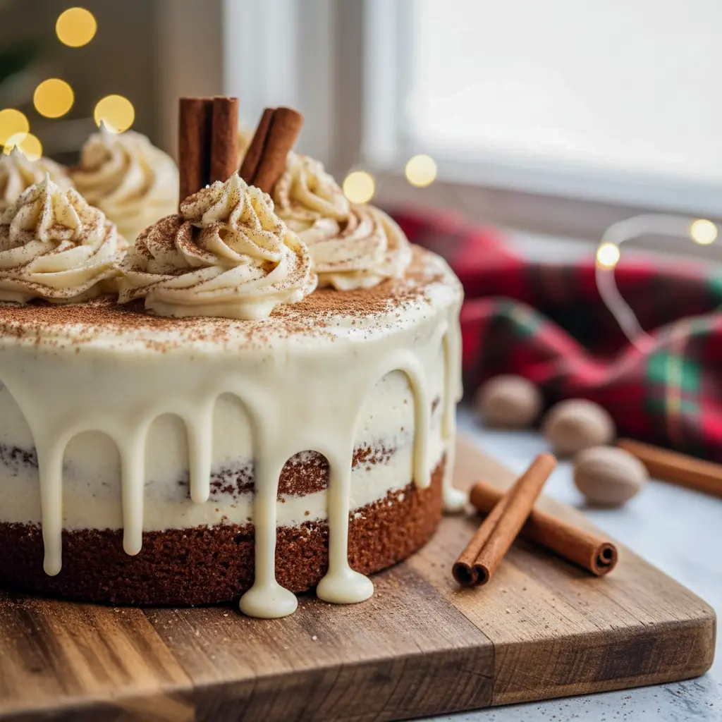 A tall, festive Christmas spice cake topped with creamy eggnog buttercream, decorated with warm spices and holiday accents.