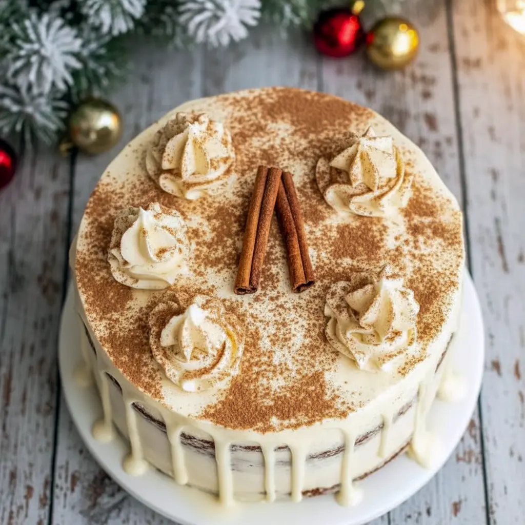 A tall, festive Christmas spice cake topped with creamy eggnog buttercream, decorated with warm spices and holiday accents.