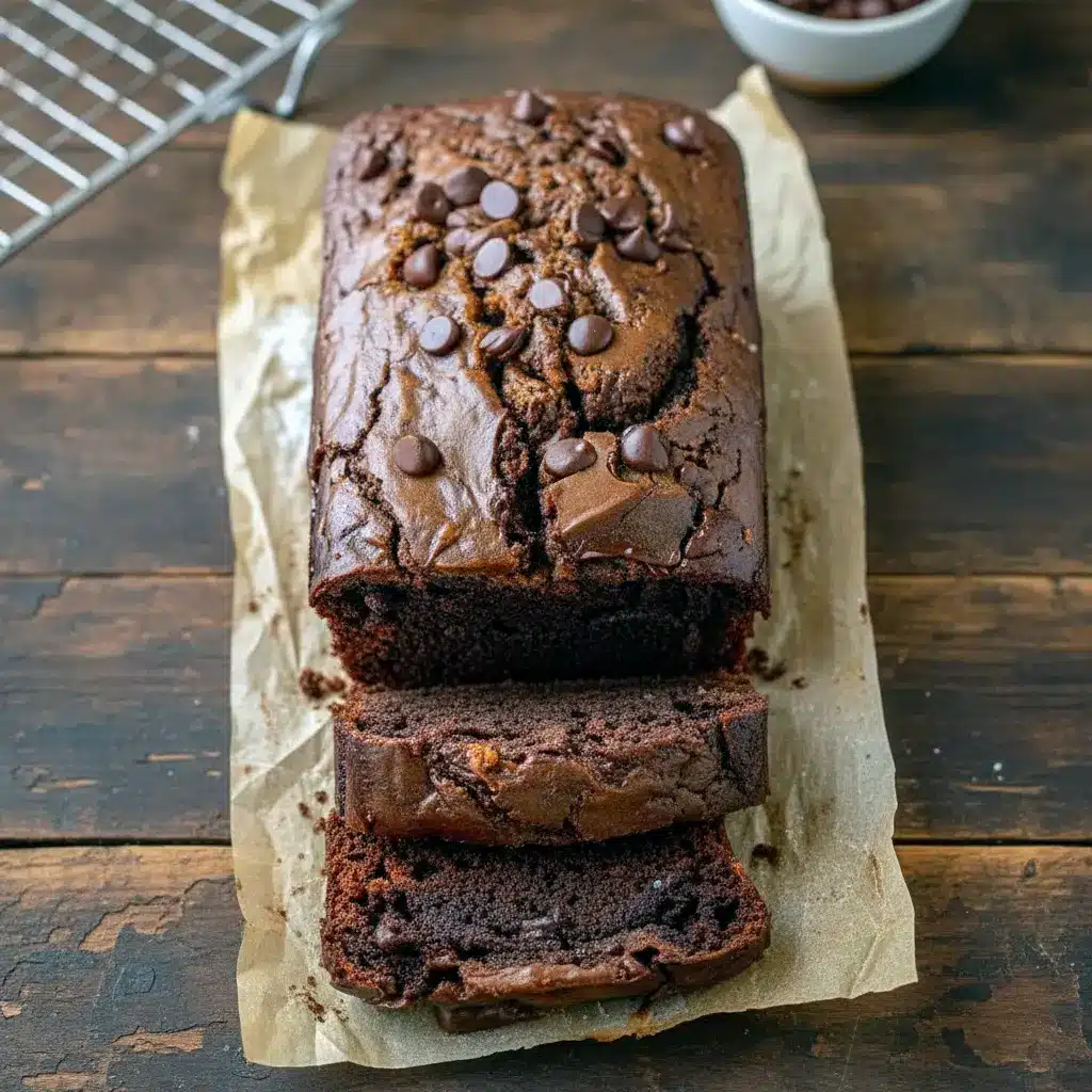 Close-up of thick slices of rich chocolate fudge brownie bread with glossy hot fudge swirls and a soft, moist center on a rustic wooden board, ready to serve and enjoy. 🍫