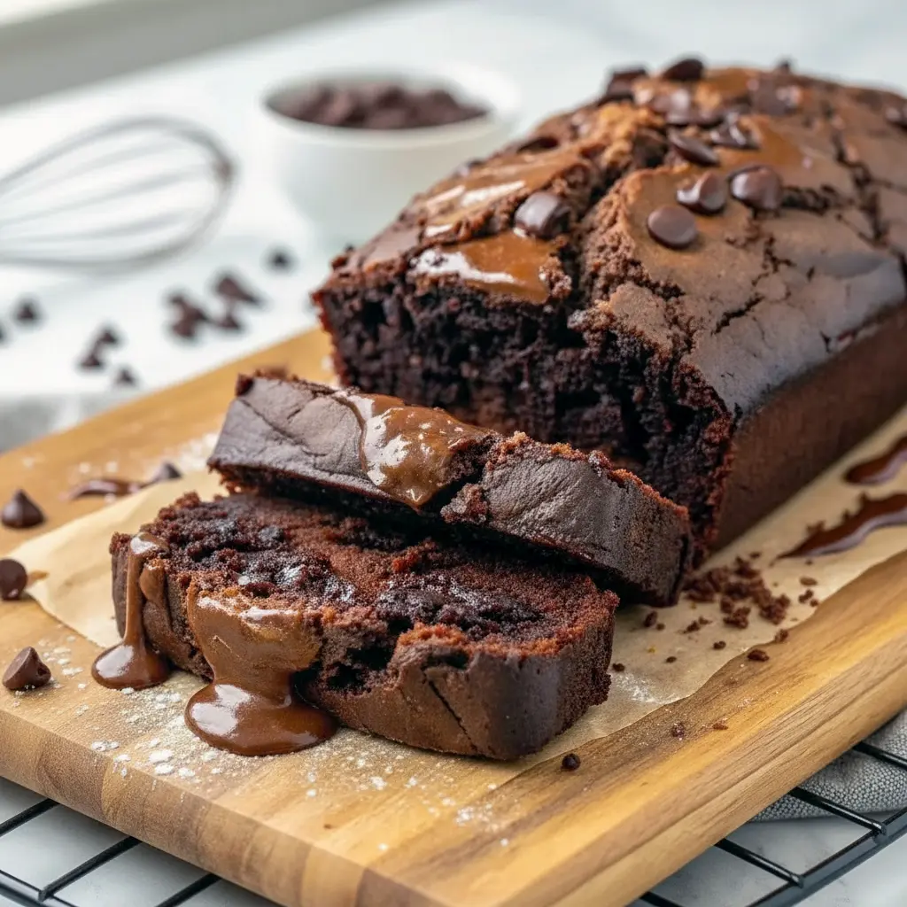Close-up of thick slices of rich chocolate fudge brownie bread with glossy hot fudge swirls and a soft, moist center on a rustic wooden board, ready to serve and enjoy. 🍫