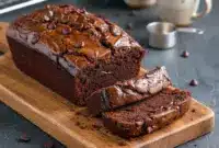 Close-up of thick slices of rich chocolate fudge brownie bread with glossy hot fudge swirls and a soft, moist center on a rustic wooden board, ready to serve and enjoy. 🍫