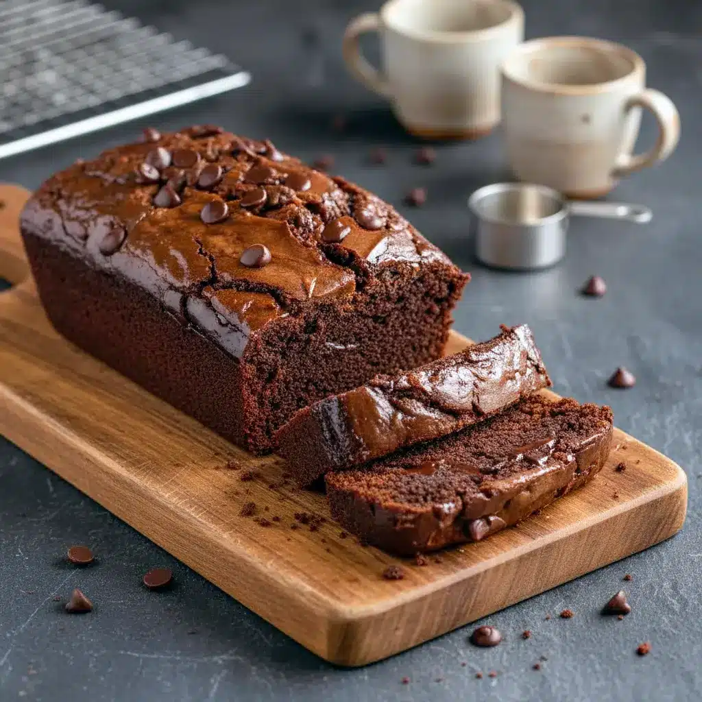 Close-up of thick slices of rich chocolate fudge brownie bread with glossy hot fudge swirls and a soft, moist center on a rustic wooden board, ready to serve and enjoy. 🍫