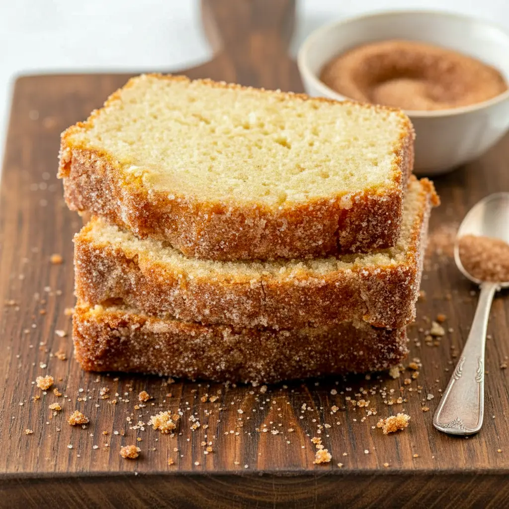 Soft, golden cinnamon sugar donut loaf sliced on a board, showcasing a tender crumb and warm spice—perfect Cinnamon Sugar Donut Sweet Bread Recipe style.