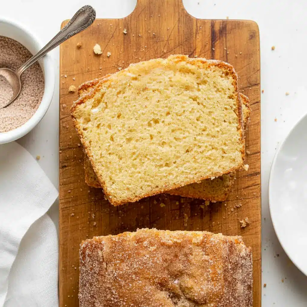 Soft, golden cinnamon sugar donut loaf sliced on a board, showcasing a tender crumb and warm spice—perfect Cinnamon Sugar Donut Sweet Bread Recipe style.