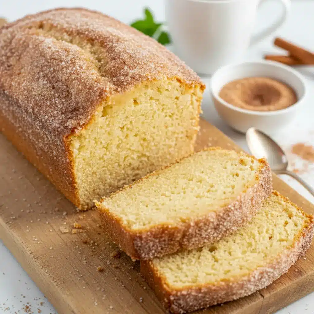 Soft, golden cinnamon sugar donut loaf sliced on a board, showcasing a tender crumb and warm spice—perfect Cinnamon Sugar Donut Sweet Bread Recipe style.