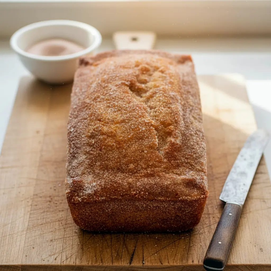 Soft, golden cinnamon sugar donut loaf sliced on a board, showcasing a tender crumb and warm spice—perfect Cinnamon Sugar Donut Sweet Bread Recipe style.