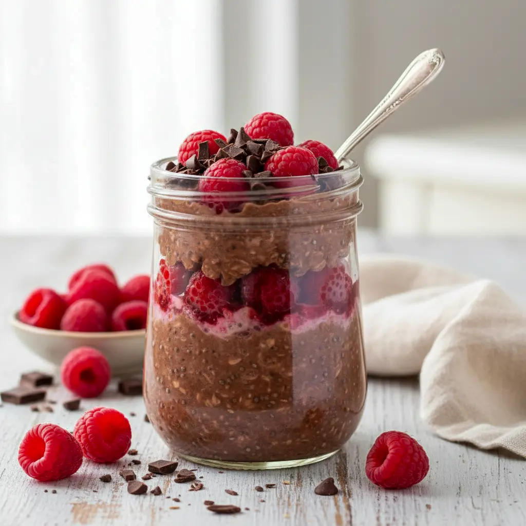 A jar of Dark Chocolate Overnight Oats topped with fresh raspberries and chocolate shavings, showcasing creamy Chocolate And Fruit Overnight Oats made with rich cocoa and oats, styled as Chocolate Raspberry Oats for an easy breakfast, inspired by How To Make Chocolate Raspberry Oats, perfect for Berry Chocolate Protein Overnight Oats, Chocolate Overnight Oats With Raspberries, Raspberry Chocolate Overnight Oats, Quick Chocolate Oats With Raspberries, and Raspberry Dark Chocolate Overnight Oats.