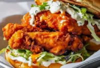 Addictive Crispy Buffalo Chicken Sandwich – One of the Best Sandwich Recipes Ever1 Close-up of a golden, crunchy chicken sandwich on a toasted bun, showcasing a crave-worthy Chicken Sandwich Recipes idea inspired by classic Fried Chicken Recipes, fun Fair Food Recipes, and easy weeknight Poultry Recipes favorites.