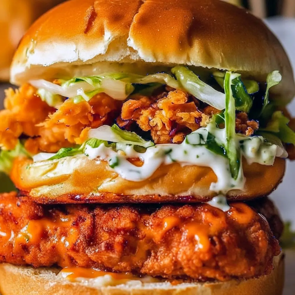 Close-up of a golden, crunchy chicken sandwich on a toasted bun, showcasing a crave-worthy Chicken Sandwich Recipes idea inspired by classic Fried Chicken Recipes, fun Fair Food Recipes, and easy weeknight Poultry Recipes favorites.