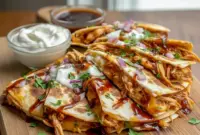 Addictive Hot Honey BBQ Chicken Quesadillas – Party Main Dish Ideas Made Easy1 Golden-brown hot honey BBQ chicken quesadillas sliced into wedges with melted cheese, served on a platter with dipping sauces for a party-style meal.