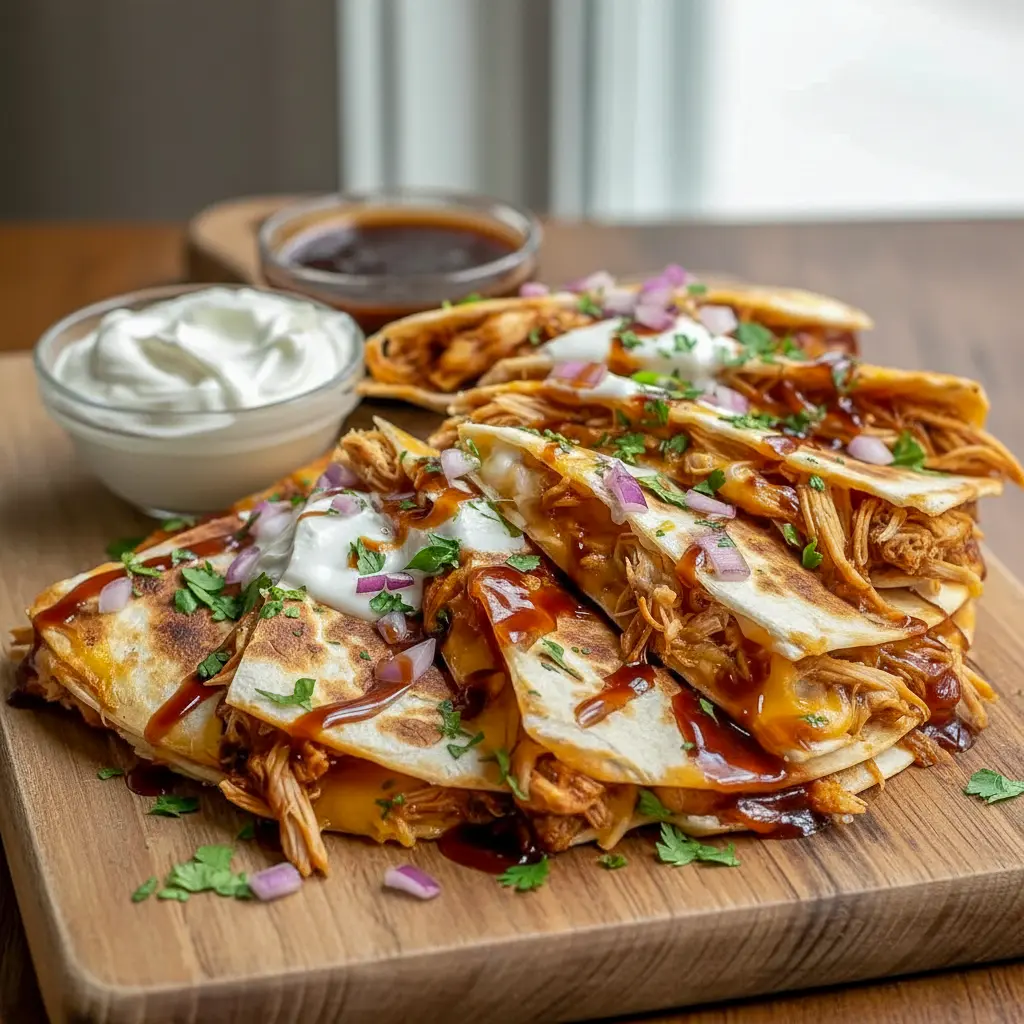 Golden-brown hot honey BBQ chicken quesadillas sliced into wedges with melted cheese, served on a platter with dipping sauces for a party-style meal.