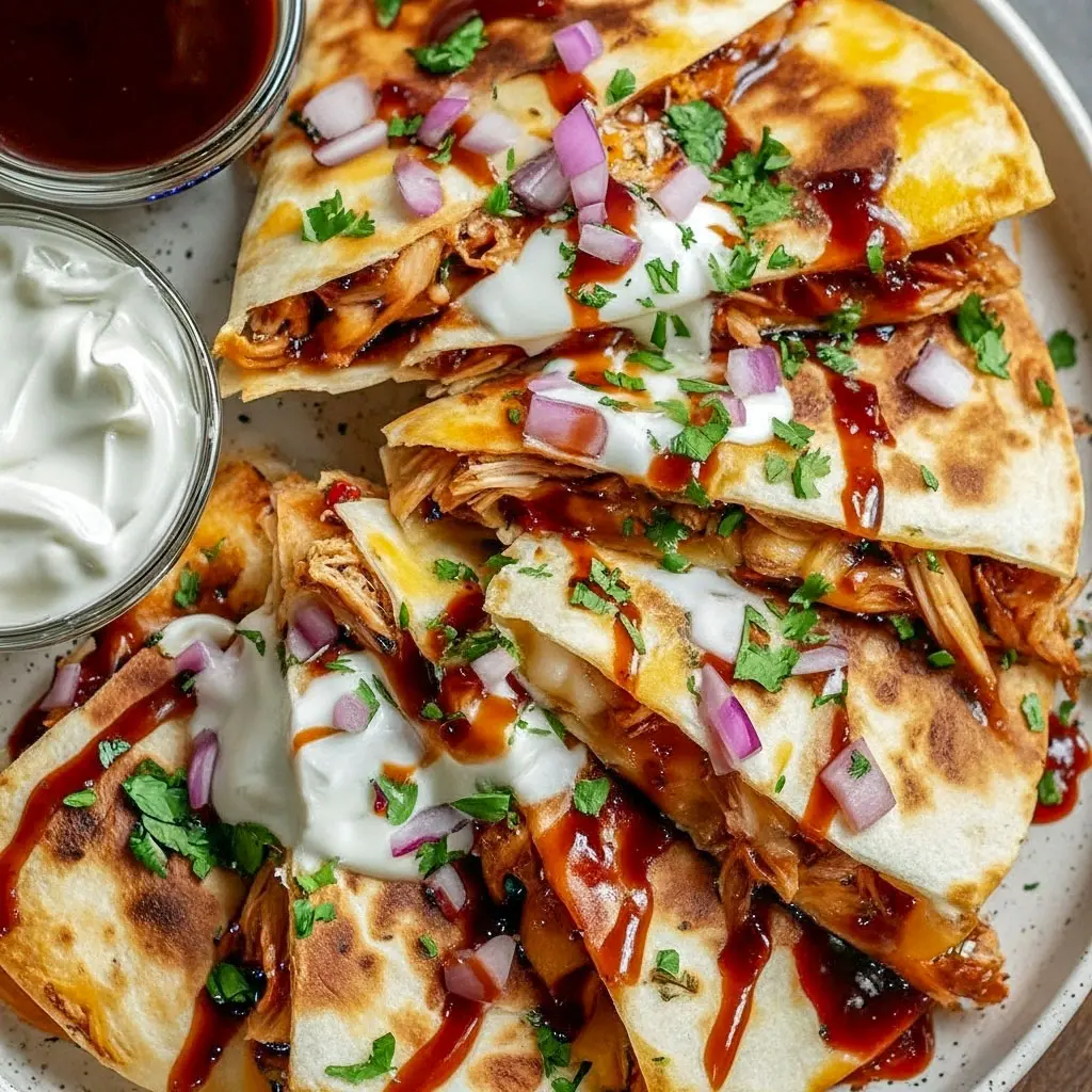 Golden-brown hot honey BBQ chicken quesadillas sliced into wedges with melted cheese, served on a platter with dipping sauces for a party-style meal.