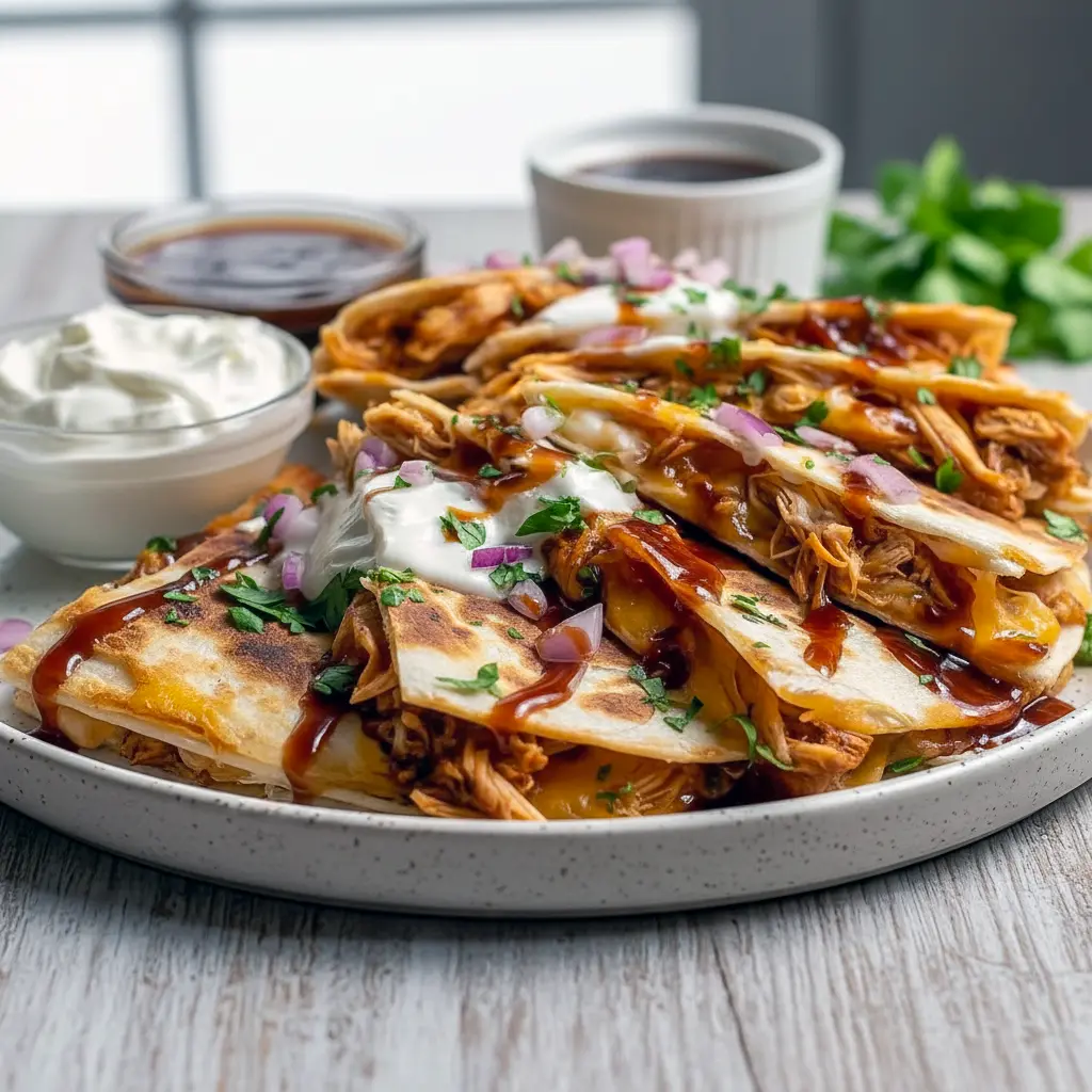 Golden-brown hot honey BBQ chicken quesadillas sliced into wedges with melted cheese, served on a platter with dipping sauces for a party-style meal.