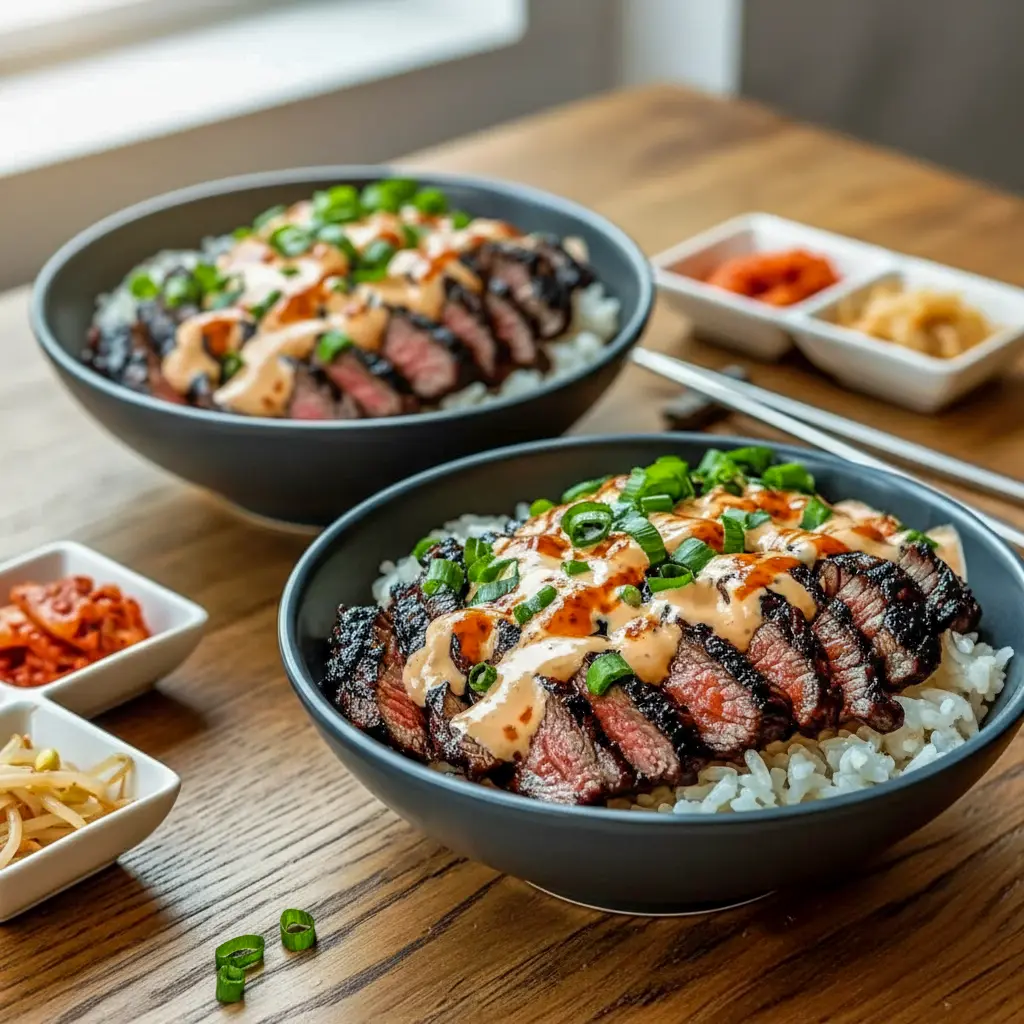 Addictive Korean BBQ steak and rice bowl featuring juicy sliced steak, fluffy rice, fresh vegetables, and a creamy spicy sauce for a bold, flavorful dinner.
