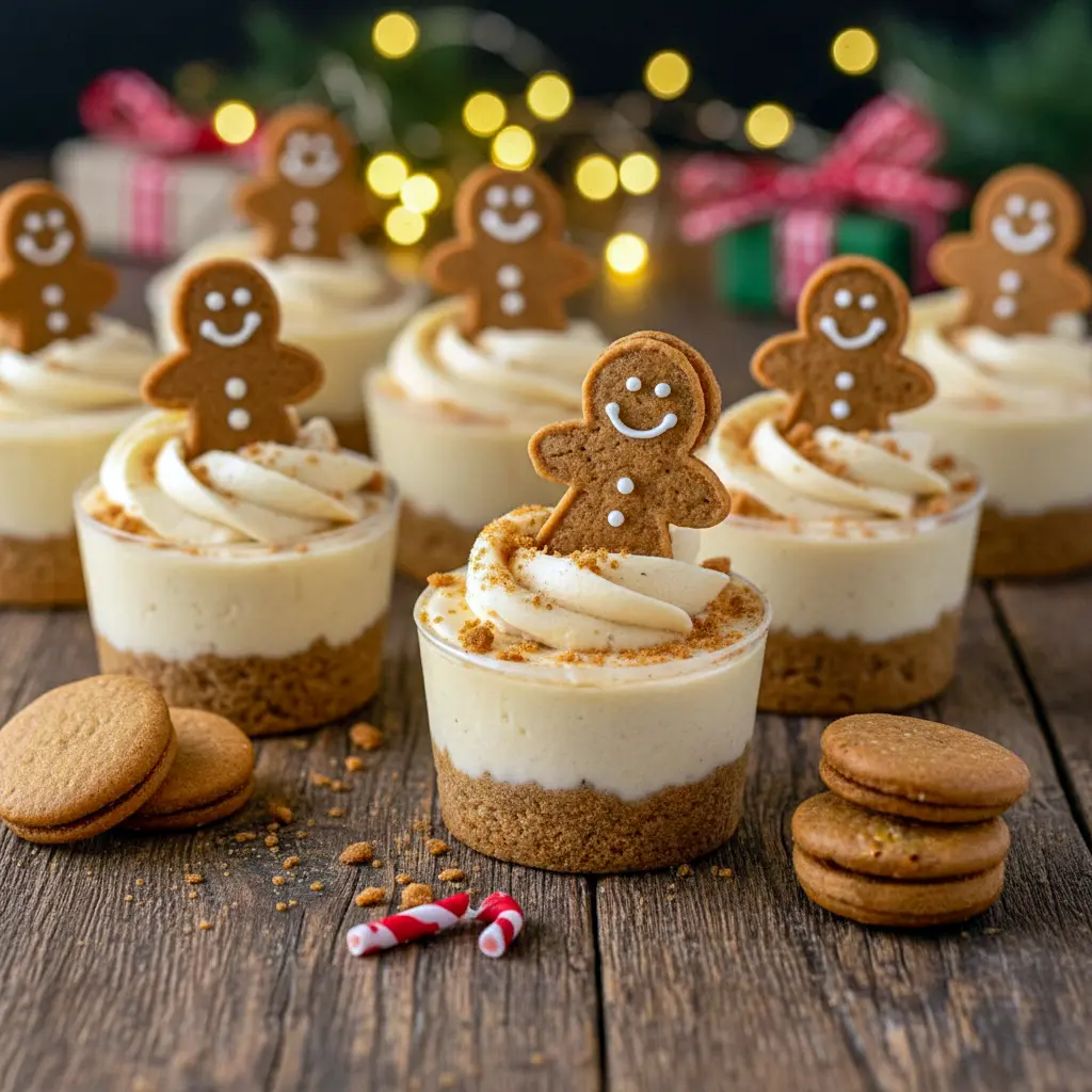 Mini no-bake gingerbread cheesecake cups layered with spiced cookie crust and creamy filling, decorated for the holidays as Cute Holiday Food, perfect as Festive Finger Food and ideal for Easy Baking Christmas gatherings; charming Christmas Cute Recipes that double as Christmas Gourmet Desserts with simple Christmas Dessert Decor, making them a delightful Christmas’s Dessert, great Christmas Sweets To Make, and adorable Sweet Appetizers For Christmas Party.