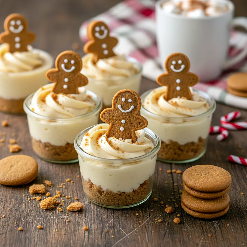 Mini no-bake gingerbread cheesecake cups layered with spiced cookie crust and creamy filling, decorated for the holidays as Cute Holiday Food, perfect as Festive Finger Food and ideal for Easy Baking Christmas gatherings; charming Christmas Cute Recipes that double as Christmas Gourmet Desserts with simple Christmas Dessert Decor, making them a delightful Christmas’s Dessert, great Christmas Sweets To Make, and adorable Sweet Appetizers For Christmas Party.
