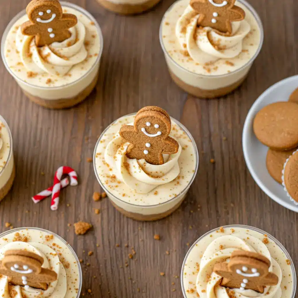 Mini no-bake gingerbread cheesecake cups layered with spiced cookie crust and creamy filling, decorated for the holidays as Cute Holiday Food, perfect as Festive Finger Food and ideal for Easy Baking Christmas gatherings; charming Christmas Cute Recipes that double as Christmas Gourmet Desserts with simple Christmas Dessert Decor, making them a delightful Christmas’s Dessert, great Christmas Sweets To Make, and adorable Sweet Appetizers For Christmas Party.