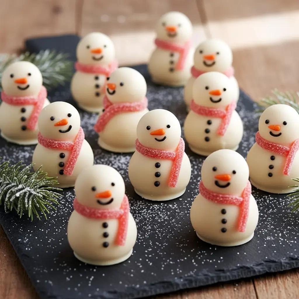 Mini snowman truffles made as Peanut Free Christmas Snacks, shaped into No Bake Christmas Balls, decorated as Snowman Treats Ideas, and styled as Cute And Easy Christmas Treats for the holidays.