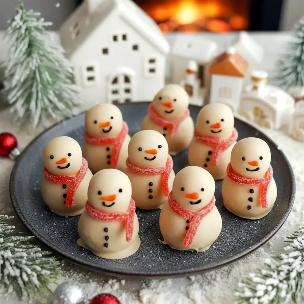 Mini snowman truffles made as Peanut Free Christmas Snacks, shaped into No Bake Christmas Balls, decorated as Snowman Treats Ideas, and styled as Cute And Easy Christmas Treats for the holidays.