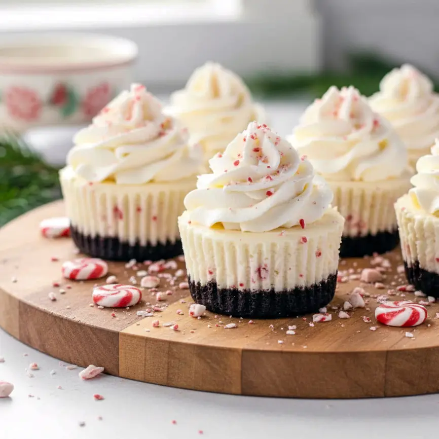 Mini no-bake peppermint cheesecakes with Oreo crust, whipped cream, and crushed peppermint candy sprinkled on top—festive holiday treats perfect for parties and Christmas gatherings.